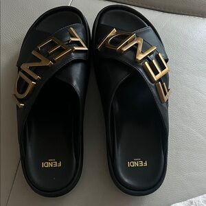 Fendi Black Sandals with Gold Logo